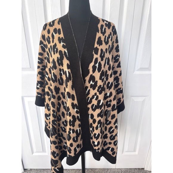 Kate Spade New York Leopard Print‎ Wool Blend Poncho Cape Black Tan one size